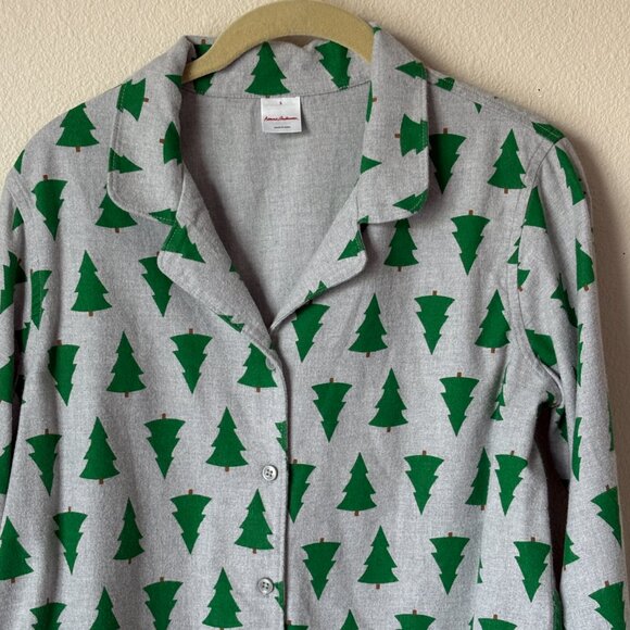 Hanna Anderson Women Pajama Top Flannel Size S Tannenbaum Tree Button Up Gray - Picture 3 of 11